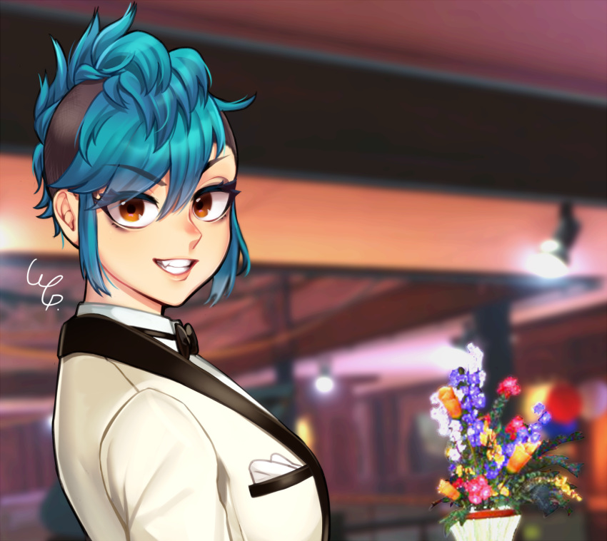 bad_id bad_pixiv_id blue_hair blush brown_eyes female grin hairband highres looking_at_viewer messy_hair oerba_yun_fang parted_lips payday_2 short_hair smile solo sydney_(payday) teeth tuxedo wg.