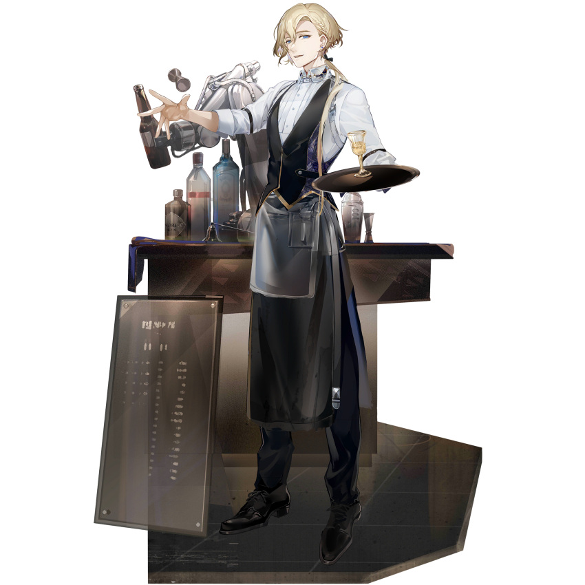 1boy alcohol apron bartender black_apron black_pants blonde_hair blue_eyes bottle braid cocktail_shaker collared_shirt dress_shoes earrings full_body game_cg gin_(neural_cloud) girls'_frontline girls'_frontline_neural_cloud hair_between_eyes hair_over_shoulder highres holding holding_tray jewelry jigger looking_at_viewer male_focus menu_board mole mole_under_eye official_art pants ponytail porafree shirt short_hair sleeves_rolled_up smile solo spoon transparent_background tray vest white_shirt