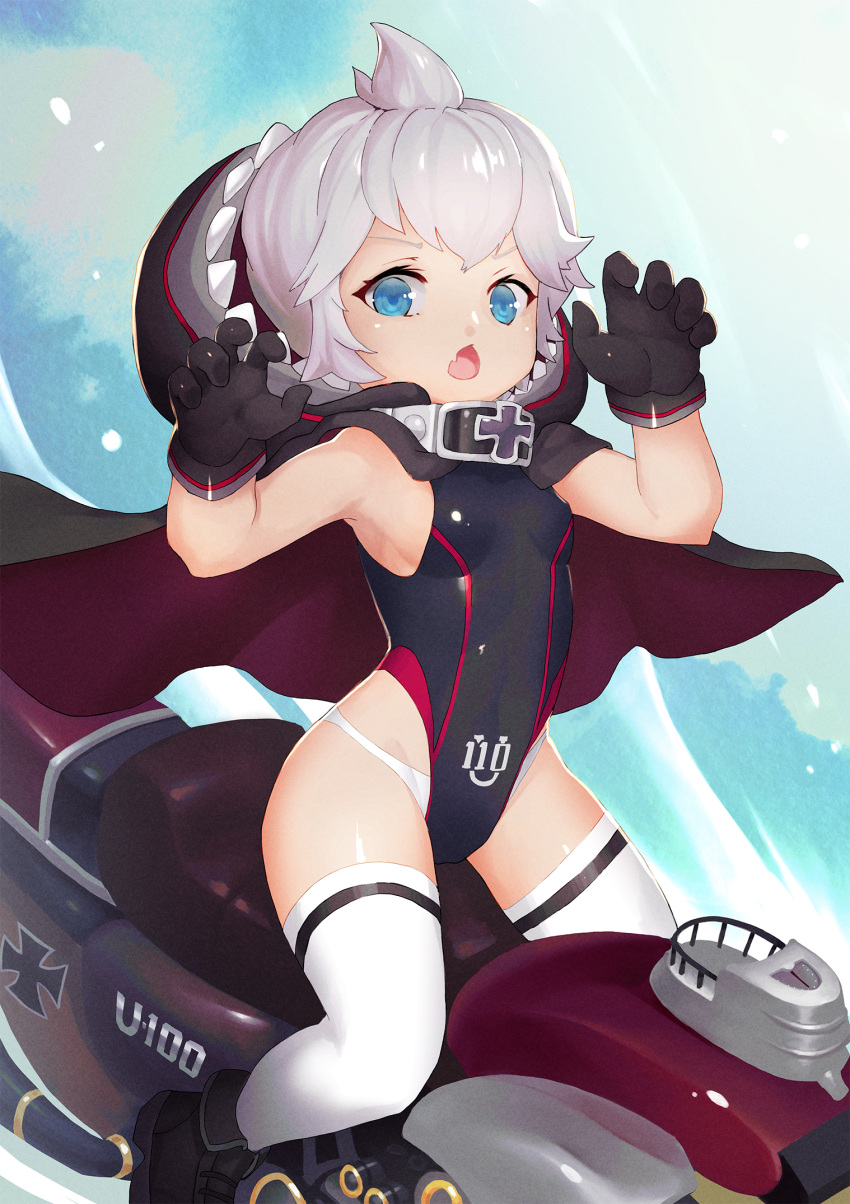 azur_lane black_gloves black_one-piece_swimsuit blue_eyes bluesnail capelet claw_pose cross female floating_cape gloves highres hood hooded_capelet iron_cross looking_at_viewer oerba_yun_fang one-piece_swimsuit panties rigging self-upload short_hair skin_fang swimsuit thighhighs u-110_(azur_lane) underwear waves white_hair white_panties white_thighhighs