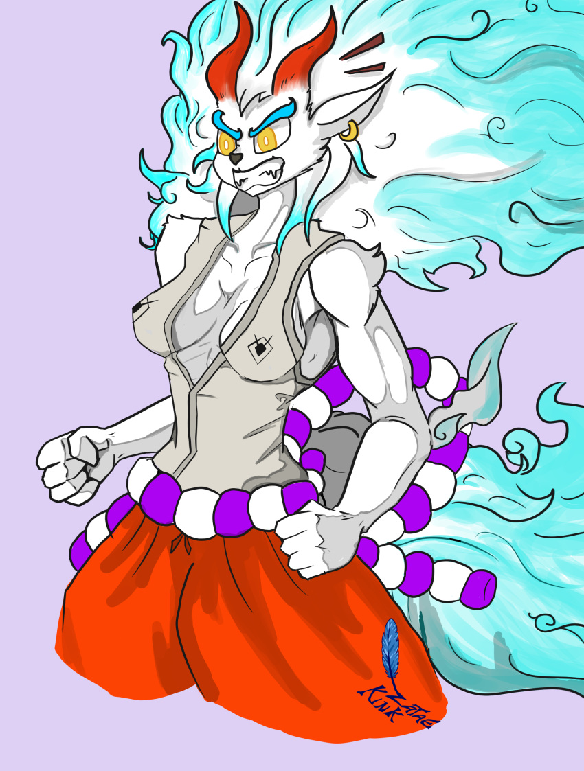 absurd_res angry anthro asian_mythology blue_hair breasts canid canine canis clothed clothing demon east_asian_mythology female fur hair hi_res horn humanoid japanese_mythology long_hair mammal muscular muscular_female mythology one_piece oni showing_teeth solo white_body white_fur wolf yamato_(one_piece) yellow_eyes yokai zataekink