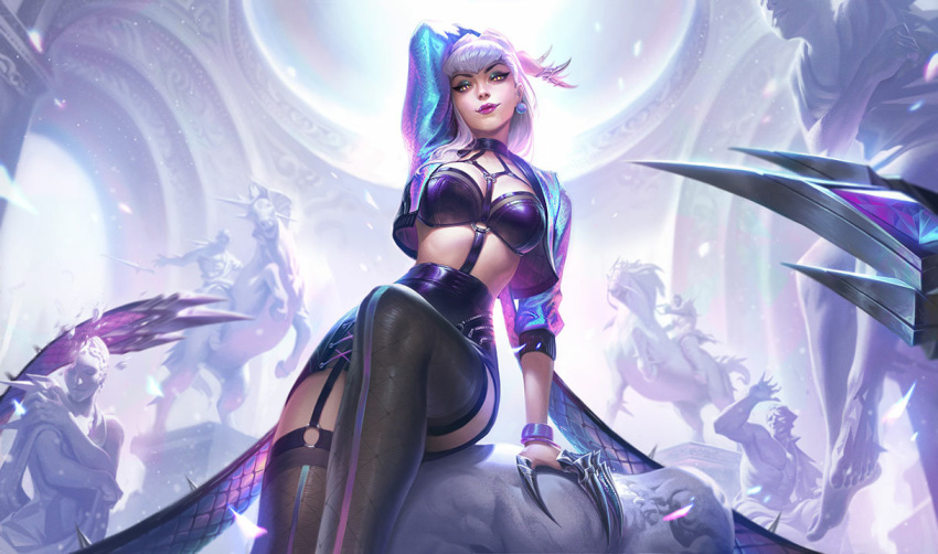 black_skirt bracelet breasts brown_eyes claws crop_top cropped_jacket earrings evelynn_(league_of_legends) eyeshadow female fishnet_thighhighs fishnets high-waist_skirt idol jacket jeremy_anninos jewelry k/da_(league_of_legends) k/da_all_out_evelynn league_of_legends light_purple_hair lips lipstick long_hair looking_at_viewer makeup medium_breasts official_alternate_costume official_art open_clothes open_jacket purple_lips sculpture sitting skirt smile solo thick_thighs thighhighs thighs