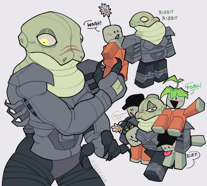 2023 ambiguous_gender amphibian anthro armor artist_name baseball_cap black_outline blush cel_shading clothed clothing countershade_neck countershading digital_media_(artwork) english_text engrish fineena frog frog_(isle) frogspawn fully_clothed green_body grey_armor grey_background grey_clothing grey_sclera group happy hat headgear headwear hi_res humanoid isle_(roblox) male mouth_closed muscular muscular_anthro muscular_male open_mouth orange_jumpsuit outline parasite_(isle) prison_uniform roblox robloxian shaded simple_background smile snout solo_focus text tongue tongue_out yellow_eyes