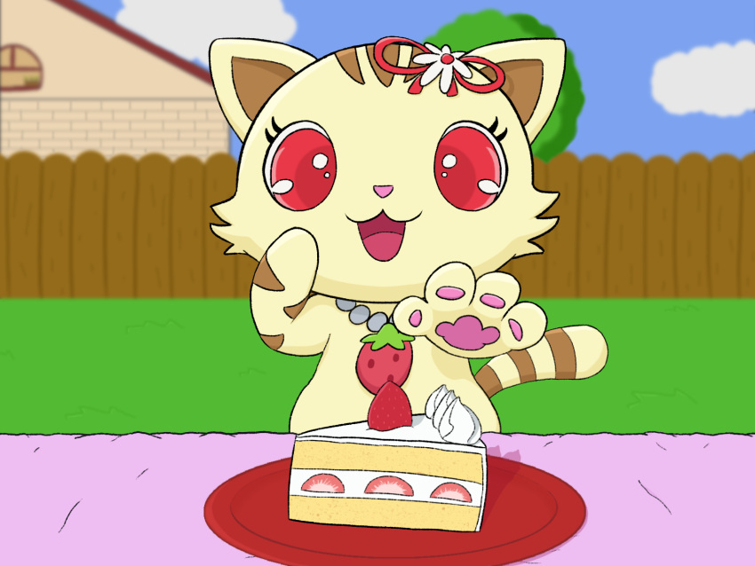 4:3 accessory anthro brown_body brown_fur cake dairy_products dessert domestic_cat eyelashes felid feline felis female flower flower_accessory food fruit fur hi_res jewelpet jewelry looking_at_viewer looking_down mammal masterlinkx necklace open_mouth pawpads paws plant reaching red_eyes sango_(jewelpet) sanrio sega sega_fave smile solo strawberry strawberry_blossom strawberry_cake striped_body striped_fur stripes tabby_cat tail whipped_cream yellow_body yellow_fur