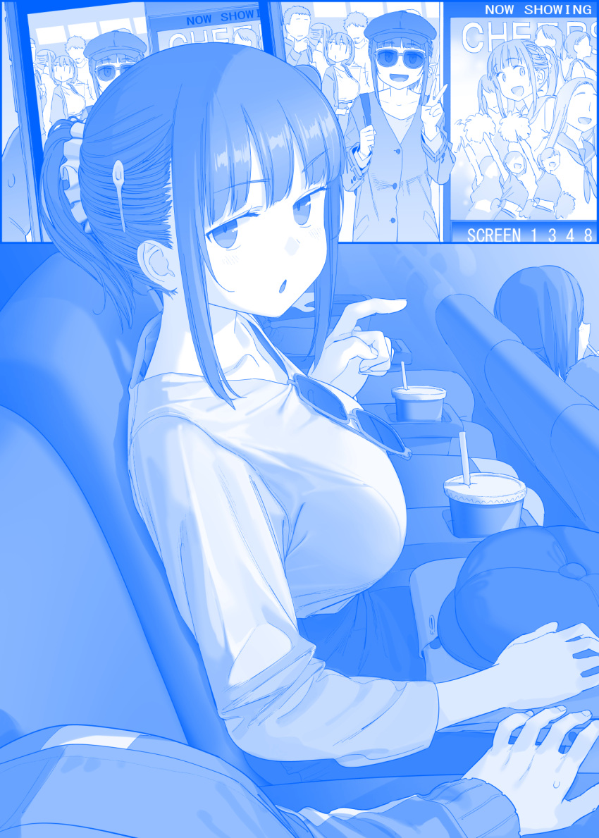 1boy 2girls ai-chan_(tawawa) blue_theme blush breasts casual cheer-chan_(tawawa) cheerleader commentary cup disguise drinking_straw getsuyoubi_no_tawawa hair_ornament hair_scrunchie hat highres himura_kiseki kouhai-chan_(tawawa) large_breasts looking_at_another looking_at_viewer maegami-chan_(tawawa) monochrome movie_theater multiple_girls onii-san_(tawawa) pointing pointing_forward pom_pom_(cheerleading) ponytail pov scrunchie senpai_(tawawa) sensei_(tawawa) short_ponytail straight sunglasses sweatdrop v