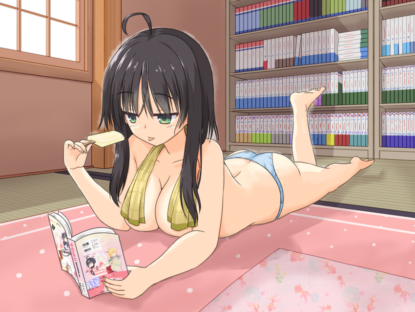 ahoge arm_support ass back bare_arms bare_legs barefoot black_hair blue_panties book bookshelf breasts cleavage collarbone commentary_request convenient_censoring copyright_name day eyelashes feet female fingernails food foreshortening full_body green_eyes hair_between_eyes hand_up hitachi_mako holding holding_book holding_food holding_popsicle indoors jitome large_breasts leg_up light_blush looking_down lying on_stomach open_book panties popsicle reading relaxing senren_banka shirayamakoma short_hair_with_long_locks sidelocks solo tatami the_pose toes tongue tongue_out topless towel towel_around_neck underwear window