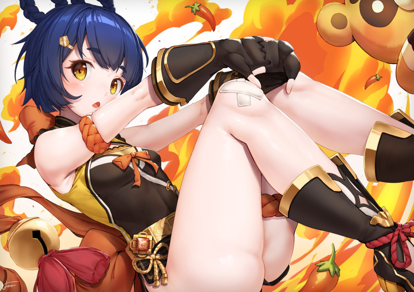 :o armpits ass bandaid bandaid_on_knee bandaid_on_leg bare_shoulders bell belt black_footwear black_gloves blue_hair blush braid braided_hair_rings breasts dutch_angle elbow_gloves explosion feet_out_of_frame female fingerless_gloves genshin_impact gloves guoba_(genshin_impact) hair_ornament hair_rings hairclip jingle_bell looking_at_viewer open_mouth pepperoni ribbon short_hair signature sleeveless small_breasts solo stretching tassel thigh_strap thighs xfate xiangling_(genshin_impact) yellow_eyes yellow_ribbon