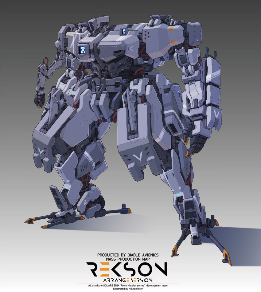 artist_name character_name copyright_name front_mission gradient_background highres mecha no_humans open_hand ranguage recson robot science_fiction solo standing yakutatazu_no_nikita