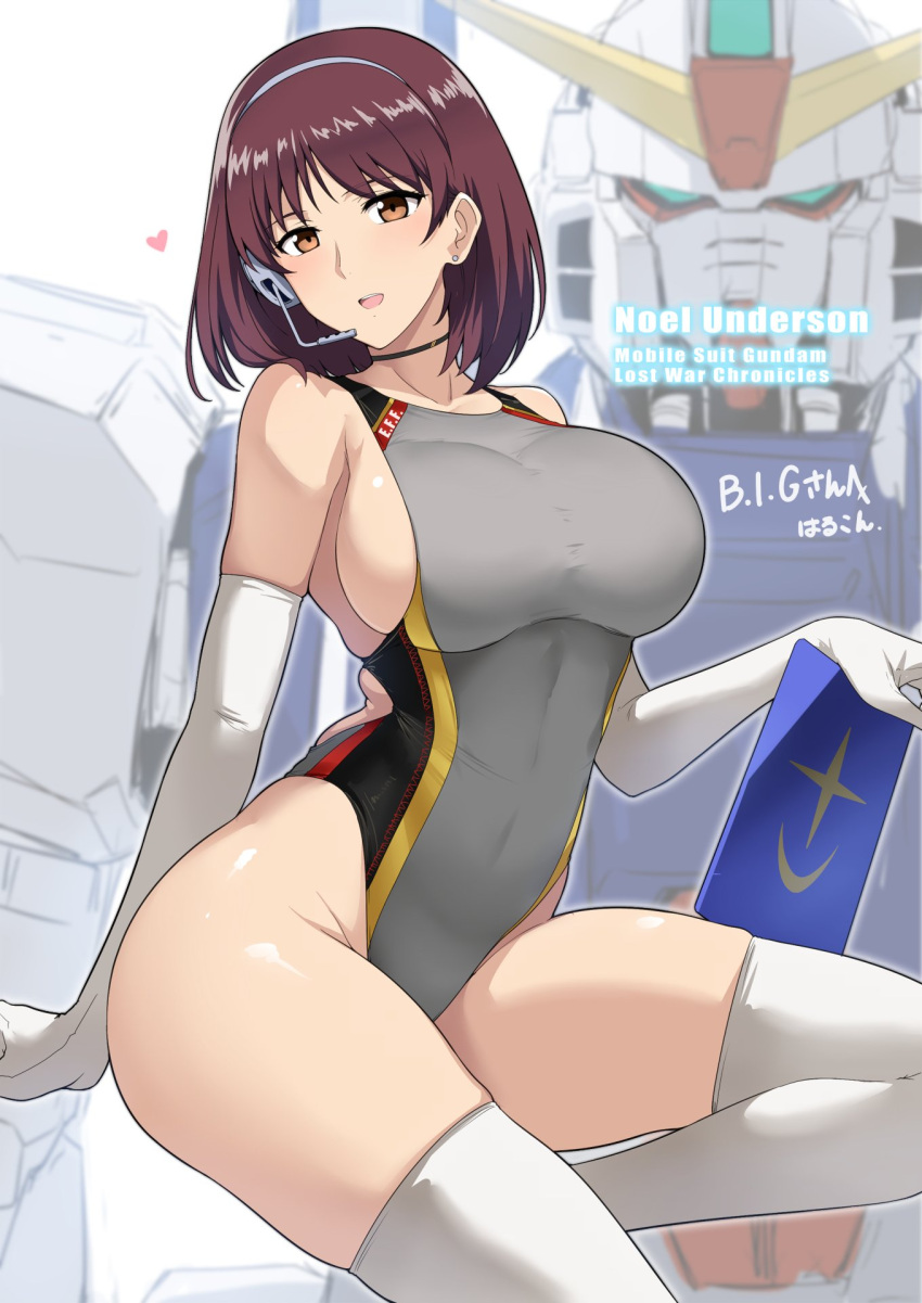 bare_shoulders bob_cut breasts brown_eyes brown_hair choker commentary competition_swimsuit earrings elbow_gloves english_text engrish_text female gloves ground_gundam gundam gundam_lost_war_chronicles halcon headset heart highleg highleg_swimsuit highres jewelry large_breasts mecha noel_anderson one-piece_swimsuit ranguage robot sideboob skindentation solo stud_earrings swimsuit taut_clothes taut_swimsuit thighhighs white_gloves white_thighhighs