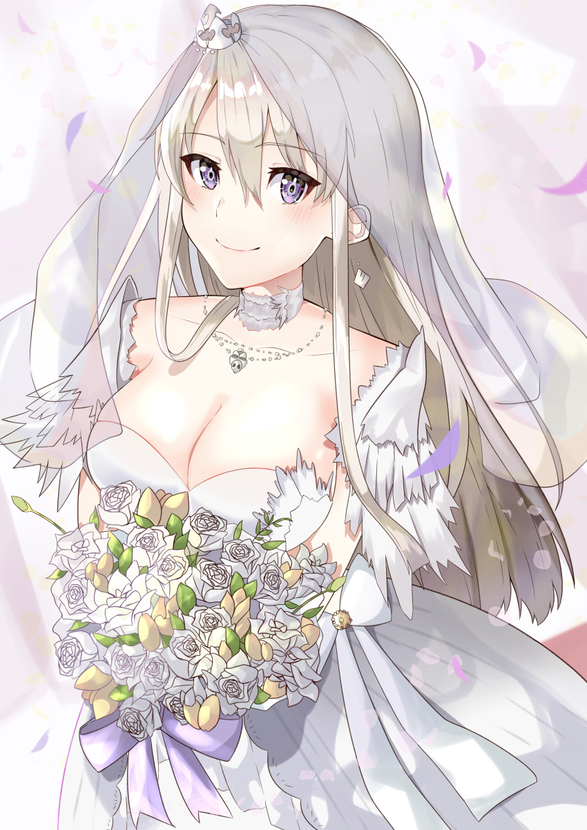 absurdres azur_lane bald_eagle bird blush bouquet breasts bridal_veil cleavage collarbone commentary_request crown dress eagle enterprise_(azur_lane) enterprise_(starlight_oath)_(azur_lane) female flower highres holding holding_bouquet jewelry large_breasts long_dress long_hair looking_at_viewer mini_crown necklace official_alternate_costume purple_eyes rose sakuramochi_(kasute_ra) smile solo veil wedding_dress white_dress white_flower white_hair white_rose