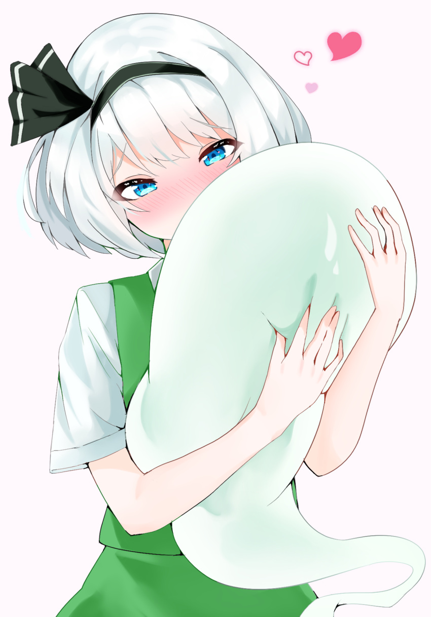 258n blue_eyes blush colored_skin female green_vest hair_ornament highres hug konpaku_youmu konpaku_youmu_(ghost) looking_at_viewer short_hair short_sleeves touhou vest white_hair white_skin