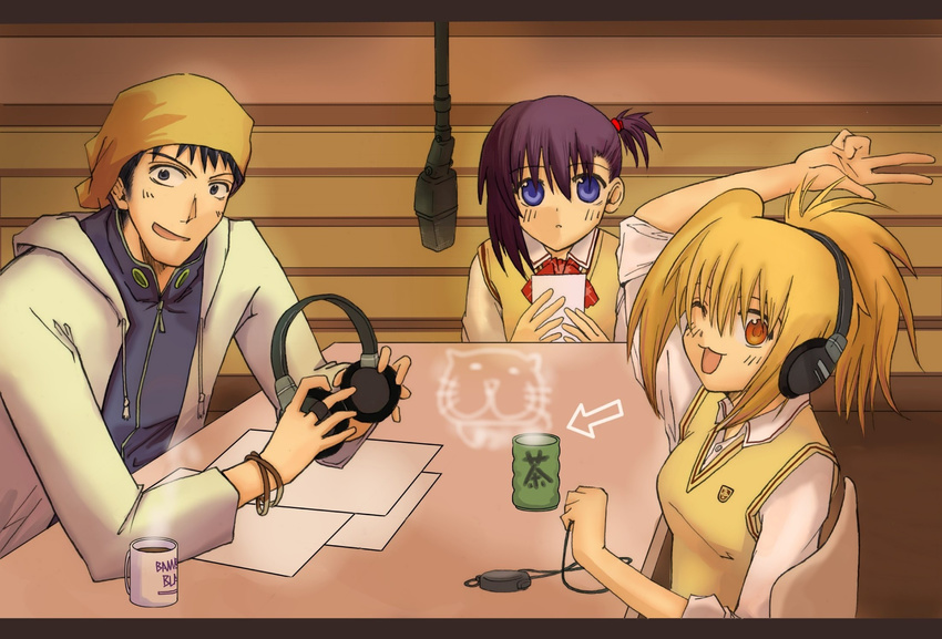 1boy 2girls :3 bamboo_blade chiba_kirino commentary_request cup headphones highres ishida_toraji kawazoe_tamaki microphone mug multiple_girls one_eye_closed open_mouth radio_booth side_ponytail sleeves_rolled_up smile steam stopwatch tsuchii_(ramakifrau) watch