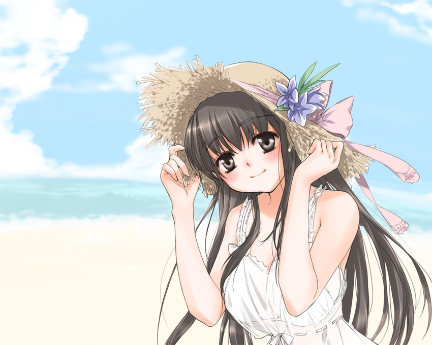 beach bikini bikini_top_only day dress female hat kanda_aya long_hair motoori_chigusa original outdoors see-through solo straw_hat sun_hat swimsuit