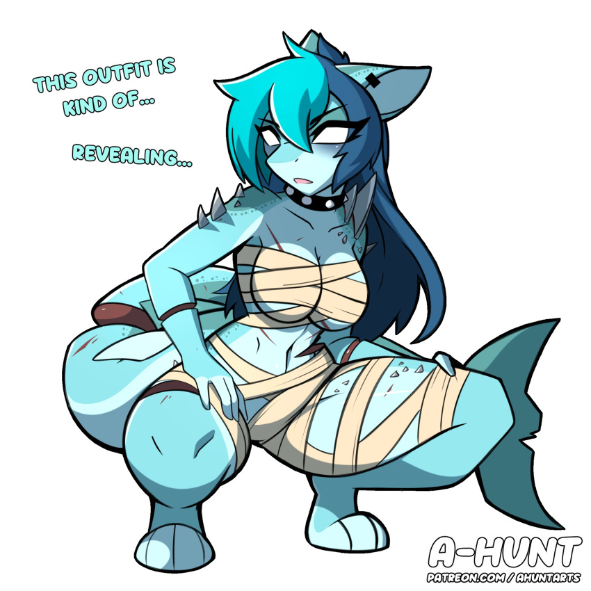 1girls a-hunt bandages belly blue_body blue_hair blue_skin breasts collar english_text female furry highres naked naked_female nipples nyx_(a-hunt) shark shark_girl shark_tail sharp_teeth solo solo_female spiked_collar spikes spread_legs thick_thighs thighs white_eyes