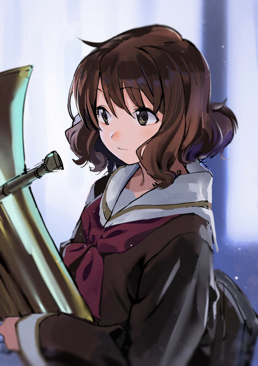 :s absurdres brown_eyes brown_hair commentary euphonium female from_side hibike!_euphonium highres holding holding_instrument instrument kitauji_high_school_uniform kitou_sakeru looking_away neckerchief oumae_kumiko red_neckerchief school_uniform serafuku solo upper_body