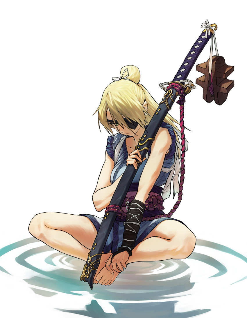 absurdres alternate_costume blonde_hair closed_mouth eyepatch female grand_admiral_marina green_eyes guardian_tales highres holding holding_weapon hong_do indian_style japanese_clothes katana long_hair looking_at_viewer ponytail simple_background sitting solo sword weapon