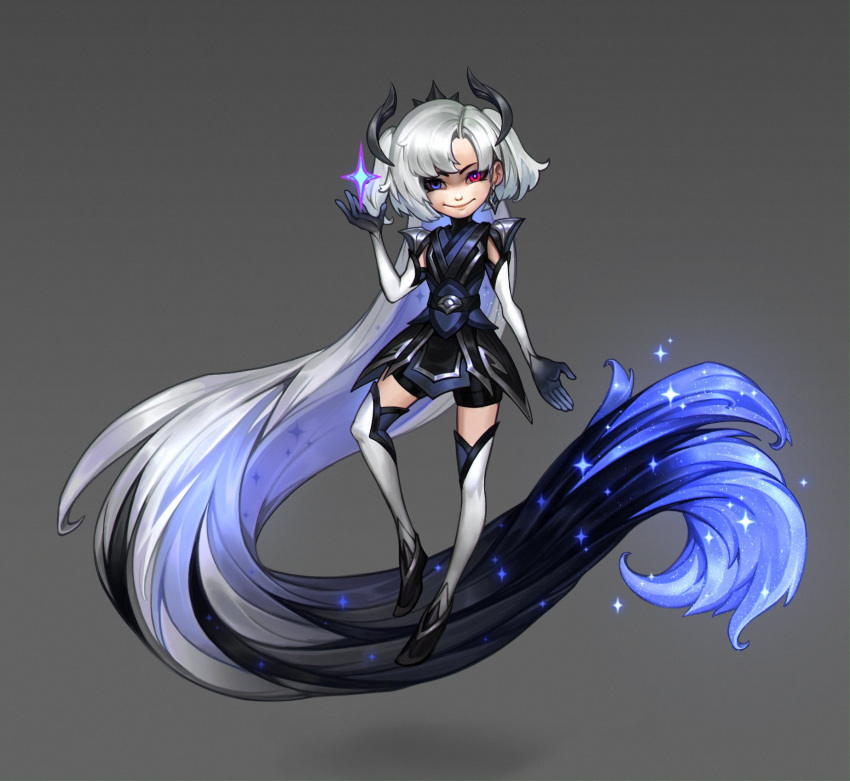 absurdly_long_hair black_dress black_hair black_shorts blue_hair closed_mouth detached_sleeves dress edg_zoe english_commentary female gradient_background grey_background grey_hair grey_thighhighs hair_ornament hand_up heterochromia highres league_of_legends long_hair multicolored_hair pink_eyes shorts simple_background smile solo thighhighs very_long_hair vladbacescu zoe_(league_of_legends)