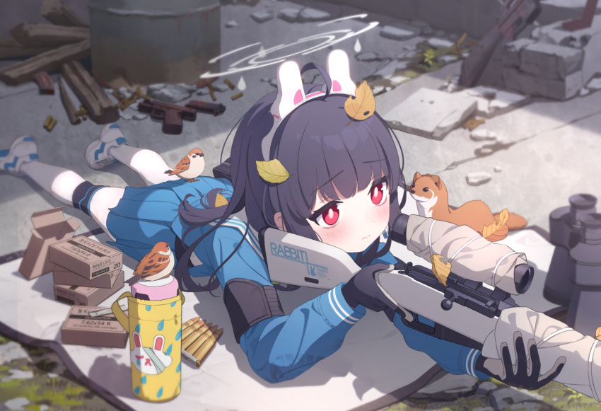 ahoge aiming animal_ears assault_rifle belt bird black_gloves black_hair blue_archive blue_shirt blue_skirt blunt_bangs bolt_action cartridge clip_(weapon) fake_animal_ears female ferret game_cg glock gloves gun halo handgun hiding knee_pads legs long_hair looking_away lying m16 m16a1 magazine_(weapon) miyu_(blue_archive) mosin-nagant official_art on_stomach outdoors pantyhose rabbit_ears red_eyes rifle rubble school_uniform scope serafuku shirt shoes single_knee_pad skirt solo sparrow thighband_pantyhose thighs weapon weasel white_footwear white_pantyhose yutokamizu