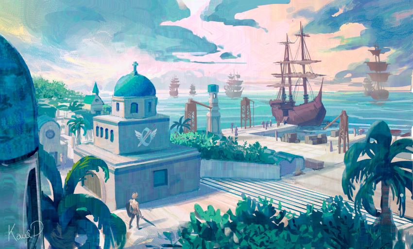 6+others architecture boat box bush cloud commentary crane_(machine) cross day dock english_commentary frigate helmet highres holding holding_shield holding_sword holding_weapon horizon house in-universe_location jetty kauedaiprai multiple_others ocean outdoors palm_tree pier ragnarok_online rowboat sailboat scenery shield ship signature sky stairs standing sword town tree very_wide_shot water watercraft weapon wide_shot