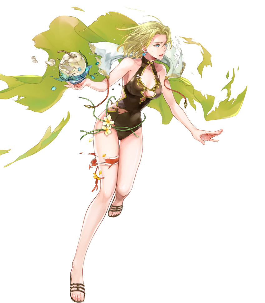 bare_arms bare_shoulders blonde_hair blue_eyes breasts cape cleavage coconut collarbone drinking_straw earrings female fire_emblem fire_emblem:_the_sacred_stones fire_emblem_heroes fruit_cup full_body highres holding jewelry leg_up long_hair looking_at_viewer looking_away medium_breasts non-web_source official_art one-piece_swimsuit parted_bangs parted_lips sandals selena_(fire_emblem:_the_sacred_stones) selena_(summer)_(fire_emblem:_the_sacred_stones) shiny_skin solo swimsuit thigh_strap thighs toeless_footwear toes torn_cape torn_clothes torn_swimsuit transparent_background wada_sachiko