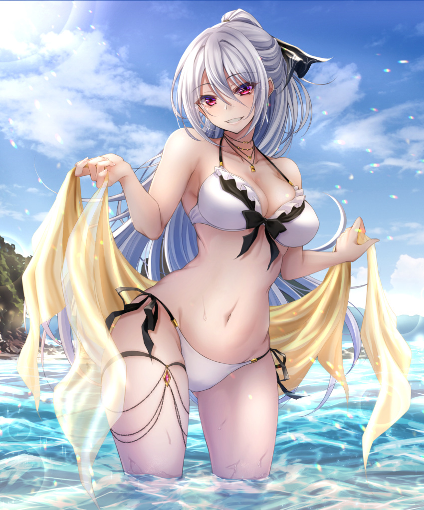 amagiri_tsukuyo bad_id bad_twitter_id bikini black_ribbon breasts cleavage cloud commentary day denpa_(denpae29) female grin hair_between_eyes hair_ribbon highres holding holding_towel jewelry long_hair looking_at_viewer medium_breasts navel ocean original outdoors partially_submerged pendant ponytail red_eyes ribbon smile solo standing sunlight swimsuit towel white_bikini white_hair