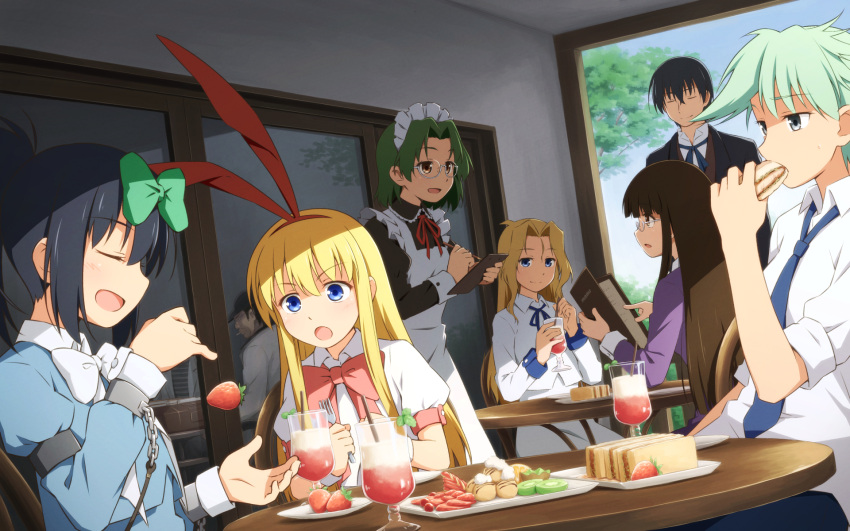 2boys 6+girls :o amae_koromo animal_ears apron black_hair black_jacket blazer blonde_hair blue_eyes blue_necktie blue_ribbon blue_skirt blunt_bangs blush bow brown_hair cafe chains closed_eyes collared_shirt commentary_request cup dress drink dutch_angle eating english_commentary fake_animal_ears food frills fruit glasses green_bow green_hair grey_eyes hagiyoshi hair_between_eyes hairband hairbow highres holding holding_cup holding_drink holding_food holding_notepad holding_pencil inoue_jun jacket kunihiro_hajime long_hair maid maid_apron maid_headdress mashita_(candy_apricot) mixed-language_commentary multiple_boys multiple_girls neck_ribbon necktie notepad open_mouth outdoors parted_bangs pencil plate ponytail purple_dress rabbit_ears red_ribbon ribbon ryuumonbuchi_touka saki_(manga) sawamura_tomoki school_uniform shirt short_hair sidelocks sitting skirt smile someya_mako strawberry waitress white_apron white_bow white_headdress white_shirt