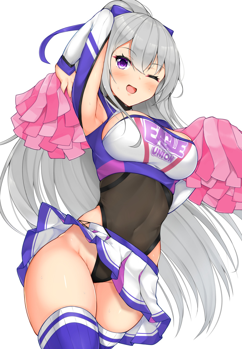 ;d arm_up armpits azur_lane blue_ribbon blue_thighhighs blush breasts casablanca_(azur_lane) casablanca_(cheer_squad_on_break)_(azur_lane) cheerleader clothes_writing commentary covered_navel cowboy_shot daichi_(tokoya) female grey_hair groin hair_between_eyes hair_ribbon highres holding holding_pom_poms large_breasts leotard leotard_under_clothes long_hair long_sleeves looking_at_viewer miniskirt official_alternate_costume one_eye_closed open_mouth pleated_skirt pom_pom_(cheerleading) purple_eyes ribbon simple_background skindentation skirt smile solo standing thighhighs thighs very_long_hair white_background white_skirt