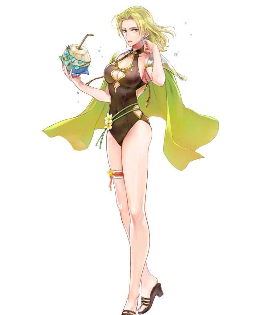 bare_arms blonde_hair blue_eyes breasts cape cleavage coconut collarbone covered_navel drinking_straw earrings female fingernails fire_emblem fire_emblem:_the_sacred_stones fire_emblem_heroes fruit_cup full_body highres holding jewelry long_hair looking_at_viewer medium_breasts non-web_source official_art one-piece_swimsuit parted_bangs parted_lips sandals selena_(fire_emblem:_the_sacred_stones) selena_(summer)_(fire_emblem:_the_sacred_stones) shiny_skin solo swimsuit thigh_strap thighs toeless_footwear transparent_background wada_sachiko