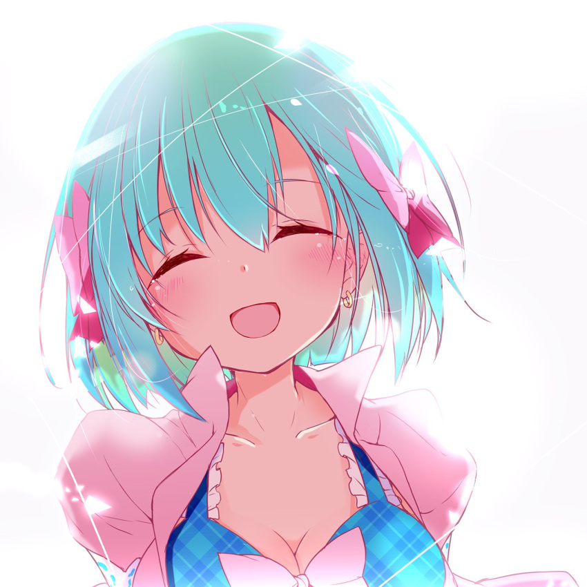 aqua_hair backlighting bikini bow breasts cleavage closed_mouth collarbone colored_inner_hair commentary_request divine_gate earrings female green_hair hairbow highres jewelry large_breasts multicolored_hair nanaume_(shichimi_tougarashi) open_mouth plaid plaid_bikini smile solo swimsuit two-tone_hair upper_body vivian_(divine_gate)