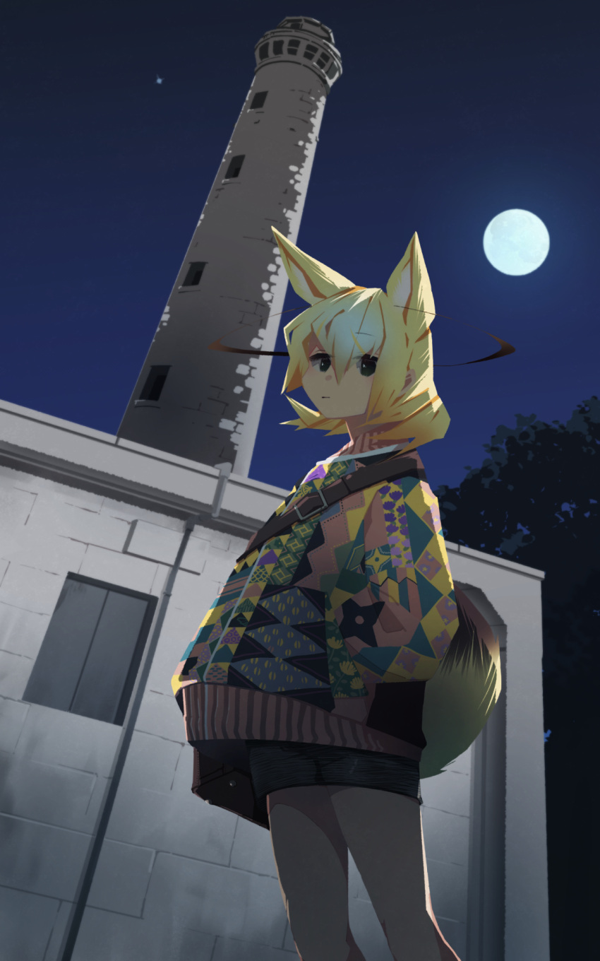 alternate_costume animal_ears bag black_eyes black_skirt blonde_hair commentary_request expressionless extra_ears female fennec_(kemono_friends) fox_ears fox_girl fox_tail full_moon hair_between_eyes highres kemono_friends looking_at_viewer miniskirt moon nanana_(nanana_iz) night night_sky outdoors short_hair skirt sky solo tail tower