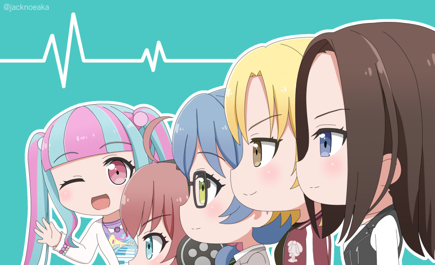 5girls ;d ahoge animal_ear_headphones animal_ears aqua_background asahi_rokka bang_dream! black-framed_eyewear black_hair black_shirt black_vest blazer blonde_hair blue_eyes blue_hair blunt_bangs blush cat_ear_headphones commentary_request fake_animal_ears glasses green_eyes green_neckwear grey_jacket hair_between_eyes hair_bobbles hair_ornament hair_over_shoulder hair_scrunchie haneoka_school_uniform headphones highres jack_(jacknoeaka) jacket jewelry long_hair long_sleeves looking_at_viewer looking_to_the_side multicolored_hair multiple_girls necklace necktie nyubara_reona official_style one_eye_closed open_mouth pale_color parted_hair pink_hair print_jacket purple_shirt raise_a_suilen red_eyes red_hair red_jacket red_scrunchie sato_masuki school_uniform scrunchie shirt short_hair sidelocks simple_background smile standing tamade_chiyu track_jacket twintails twitter_username two-tone_hair upper_body vest wakana_rei waving white_jacket white_shirt yellow_eyes