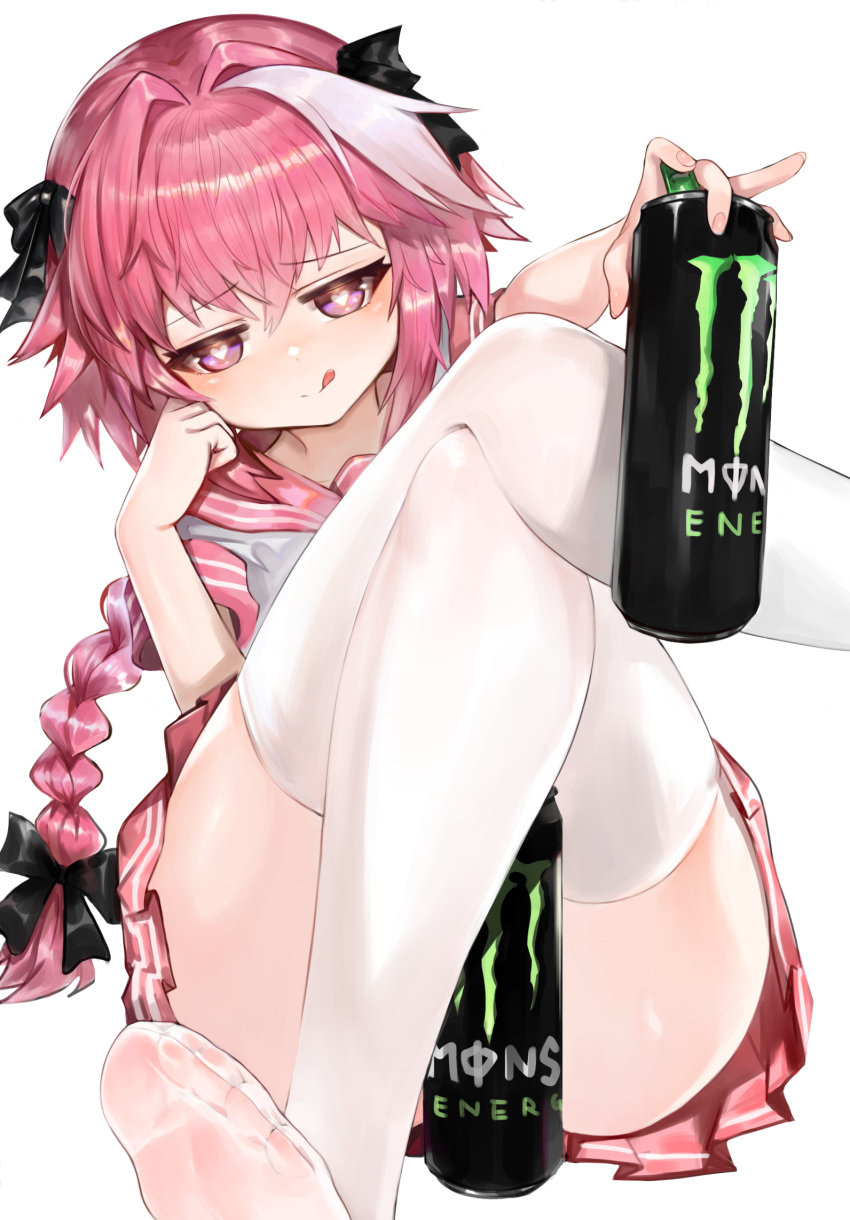 1boy :q astolfo_(fate) astolfo_(sailor_paladin)_(fate) astolfo_monster_cosplay_(meme) bad_id bad_pixiv_id bow can cheek_rest closed_mouth commentary_request dokomon fate/apocrypha fate/grand_order fate_(series) feet foot_out_of_frame hair_intakes hairbow heart heart-shaped_pupils highres holding holding_can korean_commentary licking_lips long_braid long_hair looking_at_viewer male_focus meme monster_energy multicolored_hair no_shoes official_alternate_costume otoko_no_ko pink_hair purple_eyes school_uniform serafuku short_sleeves simple_background soles solo streaked_hair symbol-shaped_pupils thighhighs toes tongue tongue_out white_background white_hair white_thighhighs