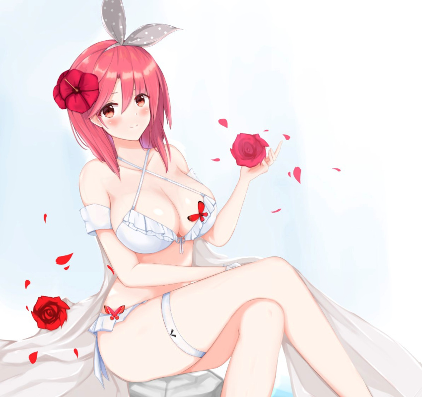 azur_lane bikini black_prince_(azur_lane) blush breasts commentary_request female flower frilled_bikini frills hair_flower hair_ornament hair_ribbon petals polka_dot polka_dot_ribbon red_eyes red_flower red_hair red_rose ribbon rose sa_(nax49) sitting smile solo swimsuit white_bikini