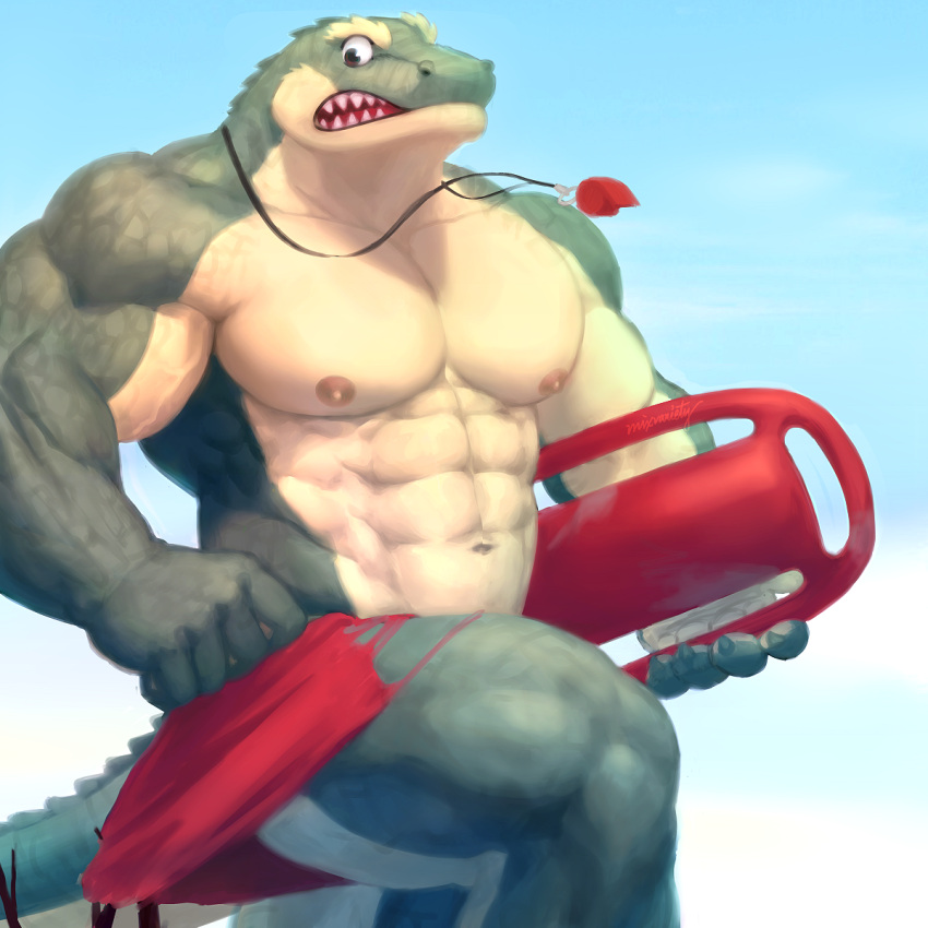 1boy abs bara clothes_pull convenient_leg crocodile crocodile_boy crocodilian crocodilian_tail feet_out_of_frame furry furry_male highres large_pectorals lifeguard male_focus male_swimwear mixvariety muscular muscular_male navel nipples original pectorals red_male_swimwear reptile_boy scales sharp_teeth solo stomach swim_trunks swimsuit tail teeth thick_thighs thighs topless_male torn_clothes torn_swimsuit veins whistle whistle_around_neck wide-eyed