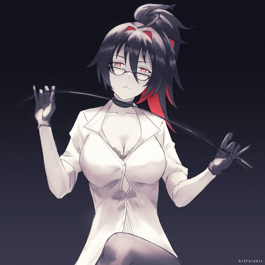 ahoge ark_ford black_hair bra breasts choker cleavage colored_skin commentary crossed_legs dominatrix english_commentary enma-chan female glasses gloves highres hololive hololive_english large_breasts multicolored_hair open_clothes open_shirt ponytail red_eyes red_hair riding_crop semi-circular_eyewear shirt underwear virtual_youtuber white_skin