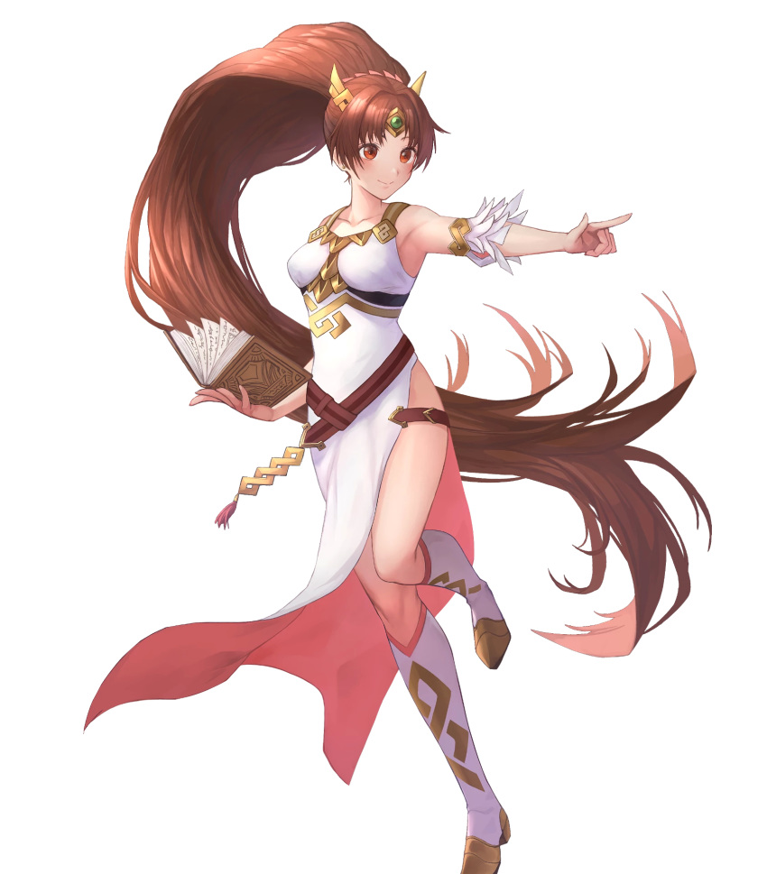 absurdly_long_hair alternate_costume armpits bare_shoulders belt book boots breasts brown_eyes brown_hair closed_mouth collarbone dress earrings female fire_emblem fire_emblem:_new_mystery_of_the_emblem fire_emblem_heroes full_body hair_ornament highres holding holding_book jewelry knee_boots leg_up linde_(fire_emblem) linde_(resplendent)_(fire_emblem) long_dress long_hair looking_away medium_breasts miyamoto_satoru non-web_source official_art open_book open_hand side_slit sleeveless sleeveless_dress smile solo tied_hair transparent_background very_long_hair white_dress white_footwear