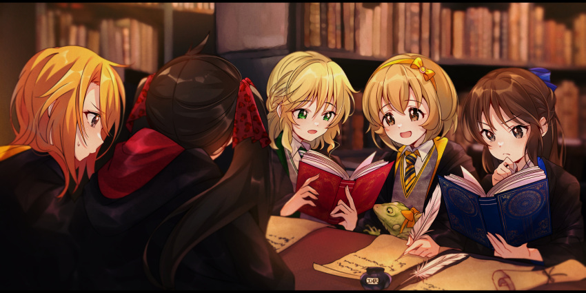 5girls :d alternate_costume bad_id bad_pixiv_id black_cloak blonde_hair book bookshelf cloak cosplay costume ggyoku harry_potter_(series) hogwarts_school_uniform hyou-kun idolmaster idolmaster_cinderella_girls iguana ink koga_koharu library matoba_risa multiple_girls necktie open_book parchment quill reading sakurai_momoka school_uniform smile studying tachibana_arisu wizarding_world yuuki_haru