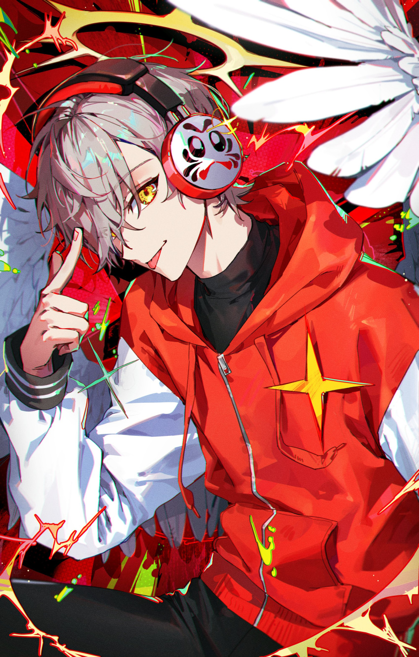 1boy :p absurdres asymmetrical_hair bird_wings black_shirt choppy_bangs crazy_raccoon cropped_arms cropped_legs daruma_is_god grey_hair hair_over_one_eye halo headphones highres hood hooded_jacket jacket looking_at_viewer male_focus multicolored_clothes multicolored_jacket pointing pointing_at_self shirt short_hair simple_background solo tongue tongue_out wings ye_jji yellow_eyes zipper