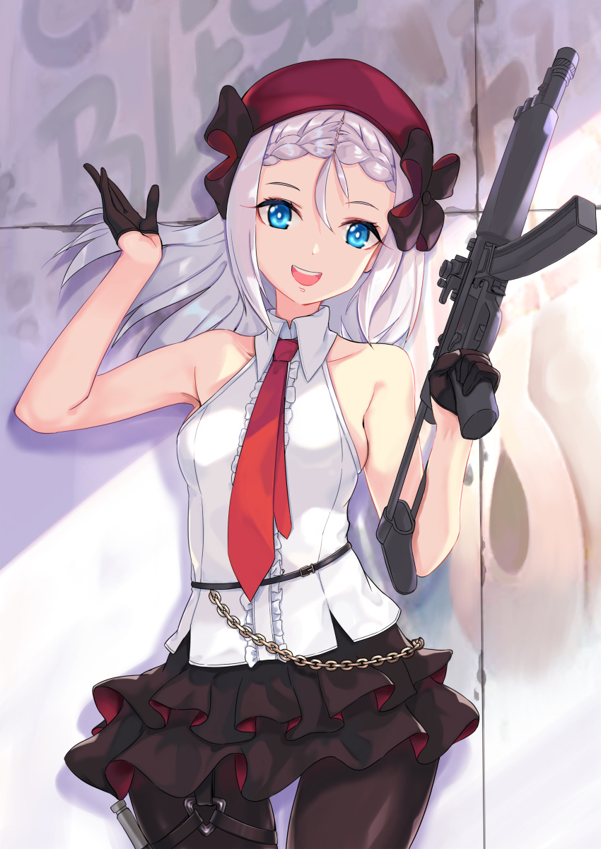 absurdres belt beret blonde_hair blouse blue_eyes bow braid breasts chains female frilled_skirt frills girls'_frontline gloves gun h&k_mp5 hat heckler_&_koch highres holding holding_gun holding_weapon jamgom left-handed looking_at_viewer magazine_(weapon) medium_hair mp5_(girls'_frontline) mp5_(mod3)_(girls'_frontline) necktie open_mouth pantyhose photoshop_(medium) shirt skirt sleeveless sleeveless_shirt small_breasts smile standing submachine_gun thigh_strap trigger_discipline weapon