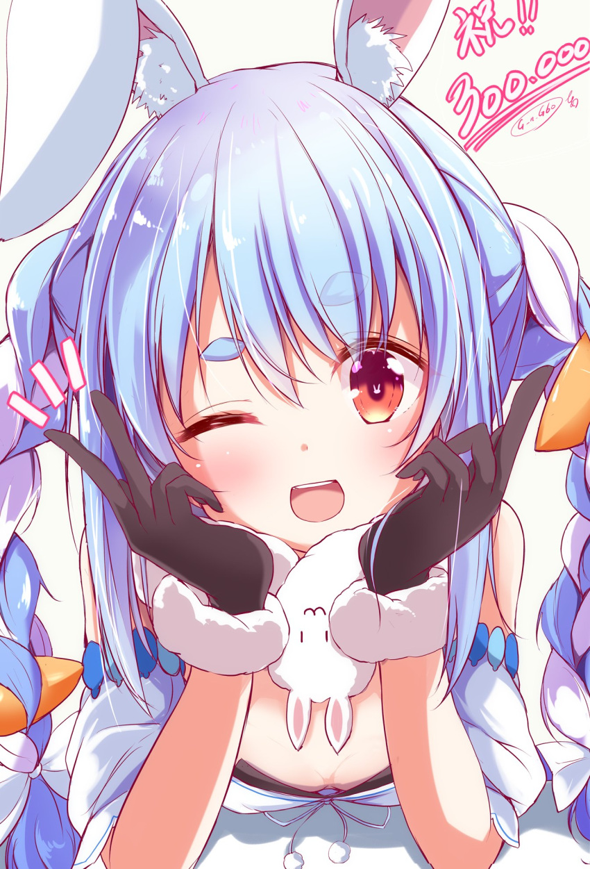 animal_ears black_gloves blue_hair braid breasts carrot_hair_ornament cleavage commentary_request cropped don-chan_(usada_pekora) female food-themed_hair_ornament fur-trimmed_gloves fur_trim gloves hair_ornament head_rest highres hololive long_hair multicolored_hair nanaume_(shichimi_tougarashi) one_eye_closed open_mouth orange_eyes rabbit_ears rabbit_girl raised_eyebrow small_breasts smile solo thick_eyebrows twin_braids two-tone_hair usada_pekora usada_pekora_(1st_costume) virtual_youtuber white_hair