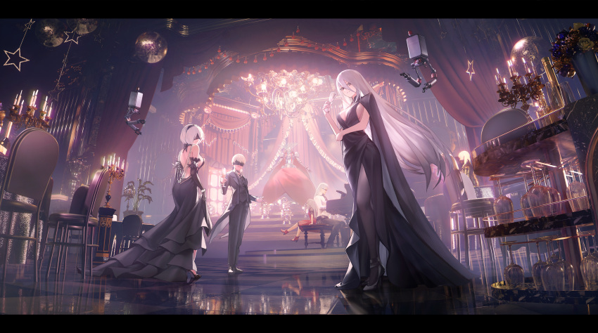 2b_(nier:automata) 2boys 4girls 9s_(nier:automata) a2_(nier:automata) absurdres adam_(nier:automata) backless_dress backless_outfit bare_arms black_border black_dress black_footwear black_hairband black_jacket black_pants black_pantyhose black_sleeves black_vest border breasts character_request checkered_floor cleavage closed_mouth collared_shirt covered_eyes cup dress evening_gown glasses gradient_hair grey_hair hair_between_eyes hairband high_heels highres holding holding_cup instrument jacket layered_dress letterboxed long_hair looking_at_viewer moubei multicolored_hair multiple_boys multiple_girls music nier:automata nier_(series) open_clothes open_jacket pants pantyhose playing_instrument pumps red_dress red_footwear shirt short_hair short_sleeves side_slit sideboob sitting skirt_hold sleeveless sleeveless_dress smile very_long_hair vest white_hair white_shirt wing_collar