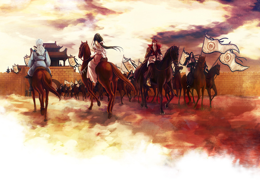 6+boys architecture black_hair chinese_clothes commentary_request cousins east_asian_architecture female flag hanfu horse horseback_riding long_hair magi_the_labyrinth_of_magic multiple_boys nemu_(noibla) red_hair ren_hakuei ren_kouen riding seishun_(magi) soldier wall white_hair