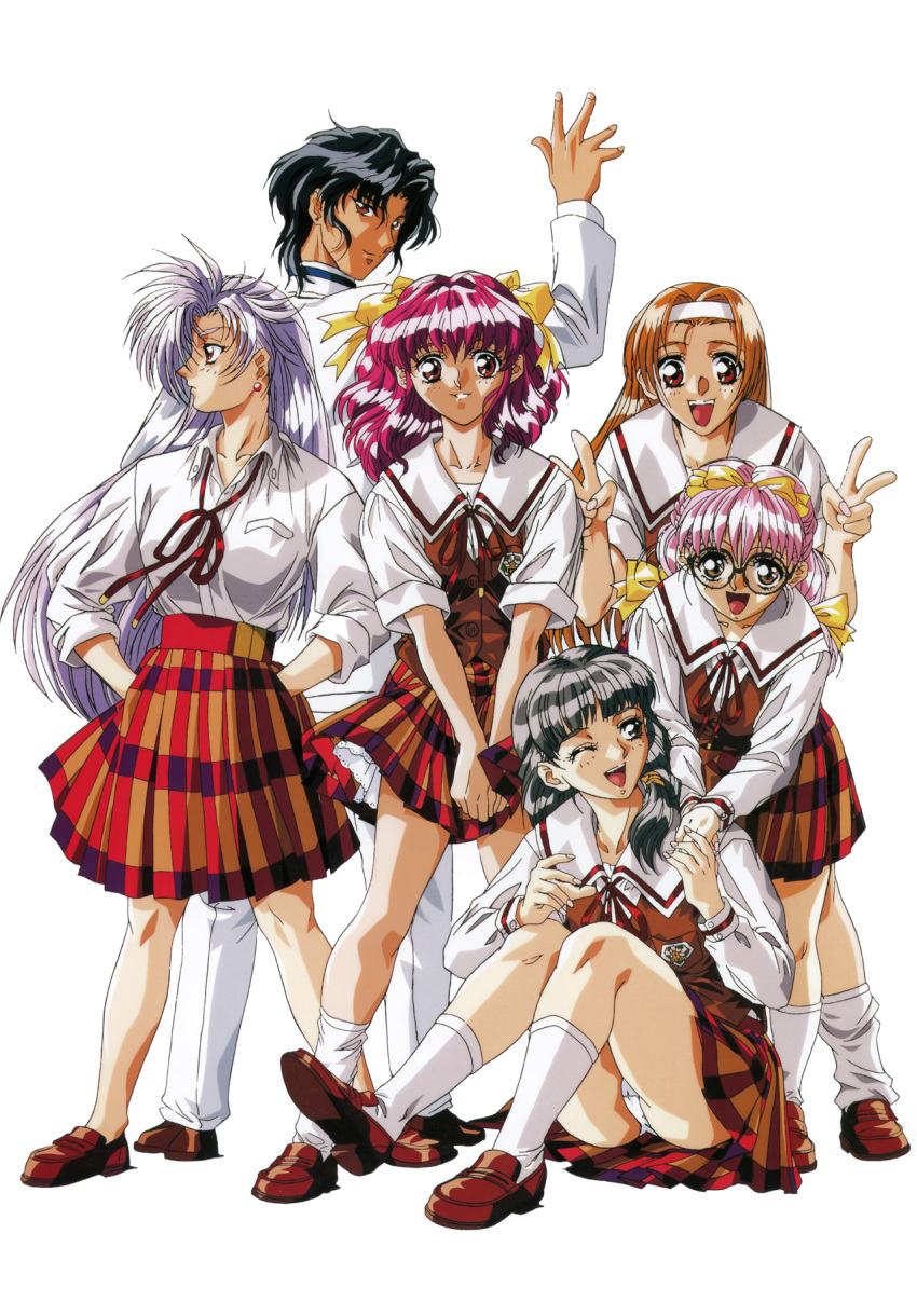 1990s_(style) 1boy 5girls arm_up asakawa_kotomi black-framed_eyewear black_hair brown_eyes brown_footwear brown_hair earrings hair_ribbon hands_on_another's_shoulders headband highres isaku jewelry loafers long_hair long_sleeves looking_at_viewer mikihara_akemi multiple_girls non-web_source official_art one_eye_closed open_mouth own_hands_together panties pantyshot parted_lips photoshop_(medium) pink_hair plaid plaid_skirt pleated_skirt profile red_eyes red_hair retro_artstyle ribbon round_eyewear sakaki_miyuki school_uniform sekigawa_rika serizawa_mio shoes short_hair short_sleeves silver_hair simple_background sitting skirt smile soga_munemitsu standing teeth underwear upper_teeth_only v_arms waving white_background white_panties yokota_mamoru