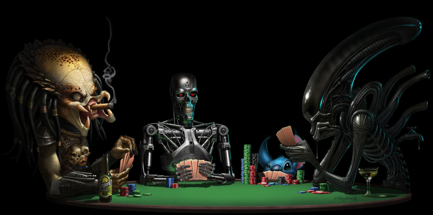 2018 5_fingers ace_of_hearts alcohol alien alien_(franchise) alien_vs._predator_(franchise) ambiguous_gender android anthro beer beverage black_background black_body blue_body blue_eyes blue_fur blue_nose bone card card_game card_hand cheat cigar cocktail crossover cybernetics cyborg detailed digital_media_(artwork) digital_painting_(artwork) disney dreadlocks english_text experiment_(lilo_and_stitch) faucet fingers fur furniture gaming glistening glistening_body graphite_(artwork) group hasbro heart_symbol hearts_(suit) hiding_cards holding_card holding_object intel lilo_and_stitch loopydave machine martini metallic_body mixed_media mr._potato_head mr._potato_head_(toy) not_furry_focus notched_ear outlet pencil_(artwork) playing_card poker poker_chip poker_table predator_(franchise) red_eyes reflection robot simple_background skull smile smoking soylent_green stack stitch_(lilo_and_stitch) suit_symbol t-800_series_(terminator) table teeth terminator_(franchise) terminators_(terminator) text traditional_media_(artwork) xenomorph yautja