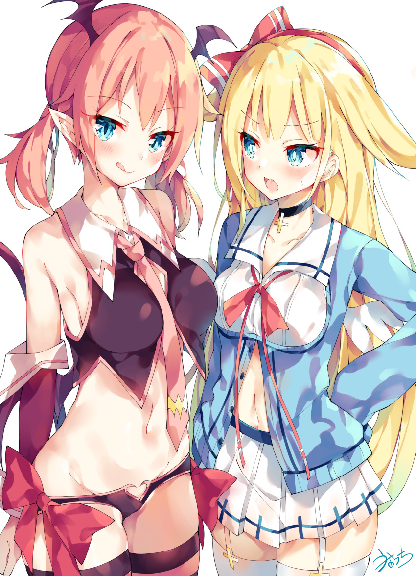 2girls :q absurdres bare_shoulders between_breasts black_choker blonde_hair blue_eyes blue_shirt blush bow breasts brown_shirt brown_wings choker closed_mouth clothing_cutout collared_shirt commentary_request crop_top cross cross_choker demon_girl demon_tail demon_wings detached_sleeves fantia_reward garter_straps groin hair_flaps hairband hairbow hand_on_own_hip head_tilt head_wings heart_cutout highres long_hair long_sleeves low_twintails lucia_primrose medium_breasts mini_wings multiple_girls navel necktie necktie_between_breasts open_mouth original paid_reward pink_necktie pleated_skirt raphilia_meredith red_bow red_eyes red_hairband red_sleeves shirt short_twintails signature simple_background skindentation skirt sleeveless sleeveless_shirt sleeves_past_fingers sleeves_past_wrists small_breasts smile striped_clothes striped_thighhighs sweat tail tail_raised thighhighs tongue tongue_out twintails unacchi_(nyusankin) v-shaped_eyebrows very_long_hair white_background white_legwear white_skirt white_wings wings