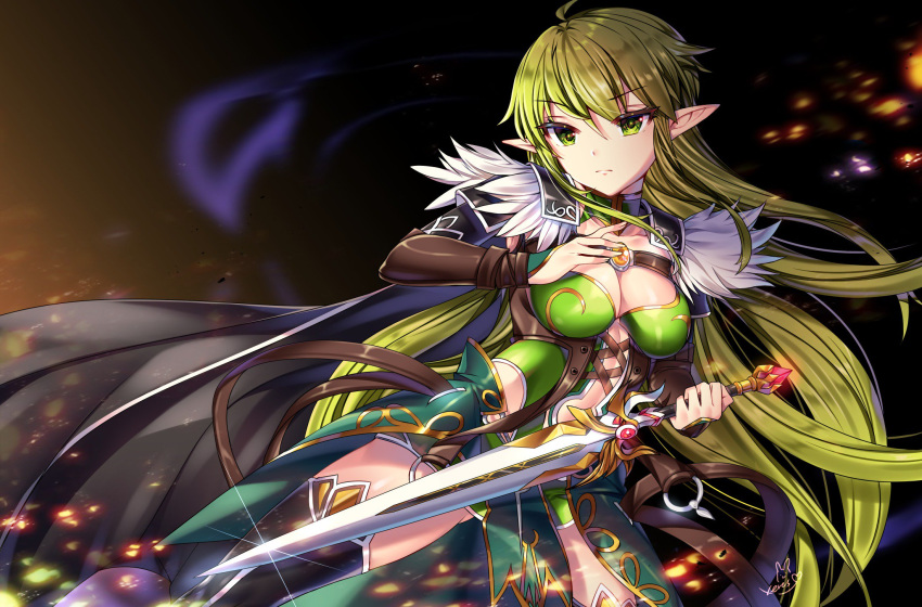 ass_visible_through_thighs bad_id bad_twitter_id breasts center_opening cleavage cloak clothing_cutout cross-laced_clothes cross-laced_cutout elf elsword female gem highres long_hair night_watcher_(elsword) pointy_ears rena_erindel sword weapon xes_(xes_5377)