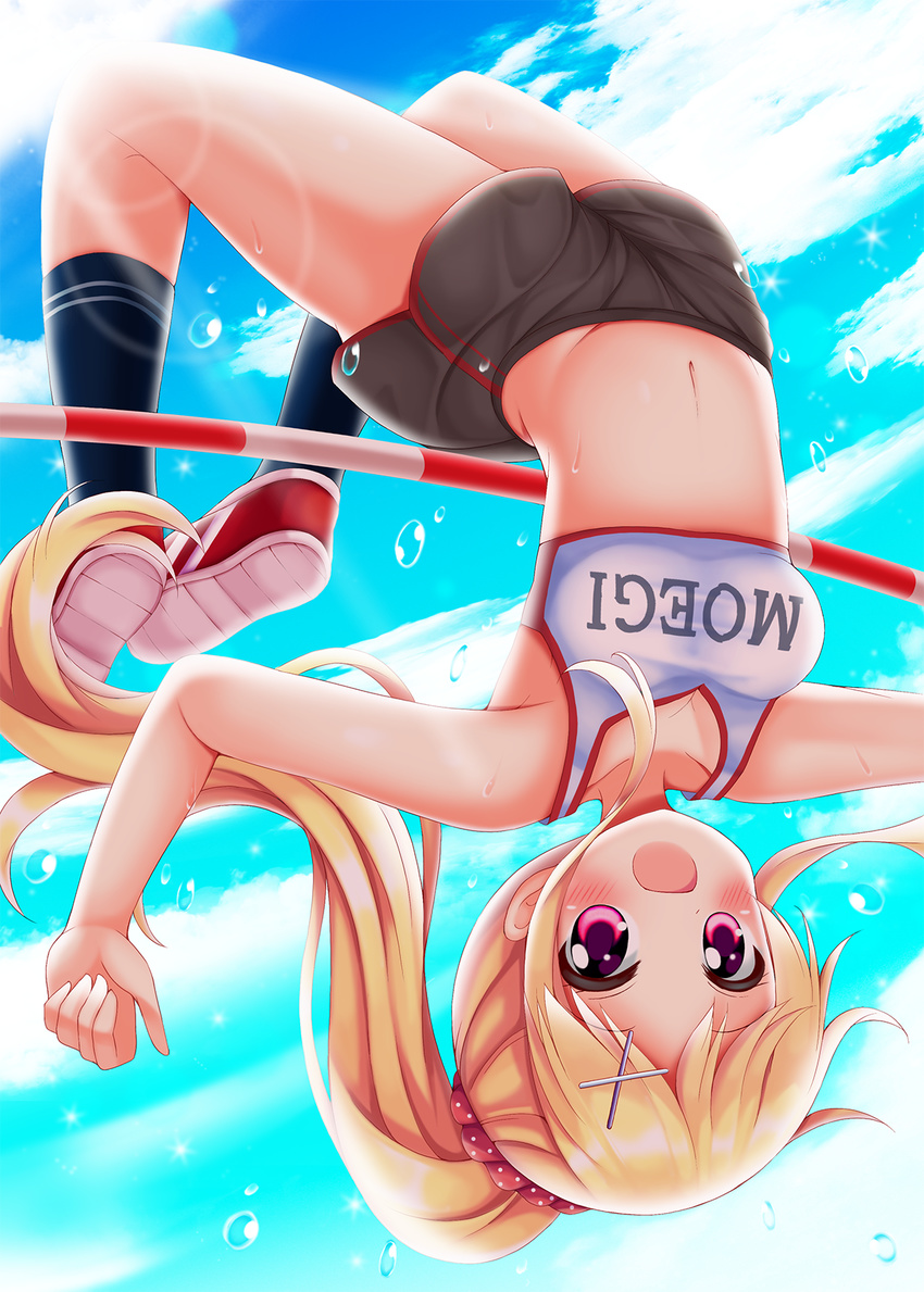 :d arched_back bare_arms bare_shoulders black_shorts black_socks blonde_hair blue_sky blush breasts cleavage clothes_writing cloud collarbone commentary_request crop_top day female gym_shorts hair_ornament hair_scrunchie hairclip high_jump highres jumping kin-iro_mosaic kneehighs kujou_karen lens_flare long_hair looking_at_viewer medium_breasts midriff minato_ojitan navel no_nose open_mouth outdoors polka_dot polka_dot_scrunchie ponytail purple_eyes red_footwear red_scrunchie scrunchie shirt shoe_soles shoes shorts sidelocks sky smile sneakers socks solo sports_bra sportswear sunlight sweat taut_clothes upside-down water_drop white_shirt white_sports_bra x_hair_ornament