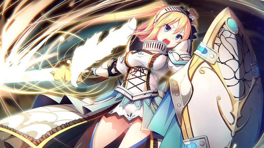 aigis_von_orphovius armor black_legwear blonde_hair blue_eyes female game_cg hair_ornament holding holding_weapon long_hair magic open_mouth panties shield solo sword tou_no_shita_no_exercitus underwear weapon white_panties