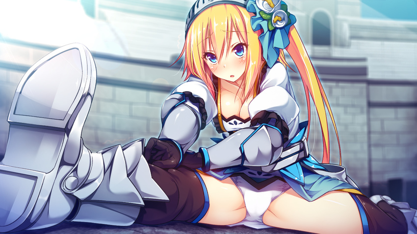 aigis_von_orphovius armor black_gloves black_legwear black_thighhighs blonde_hair blue_eyes blush breasts collarbone female female game_cg gauntlet gloves hair_ornament helmet long_hair open_mouth panties side_ponytail solo stretch stretching sunbeam thighhighs tou_no_shita_no_exercitus underwear white_panties