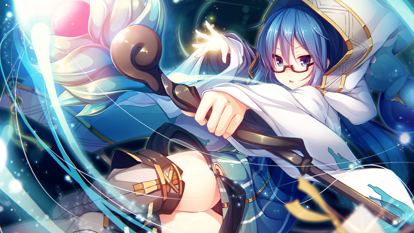 :o black_panties blue_eyes blue_hair boots dress female game_cg glasses holding holding_weapon hood hoodie long_hair long_sleeves magic panties panty_peek pantyshot rozea_(graphmelt) shilo_avrora solo staff thigh_boots thighhighs tou_no_shita_no_exercitus underwear weapon wide_sleeves