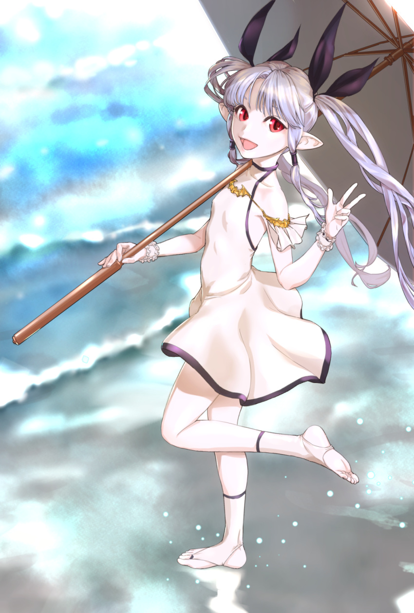 bad_id bad_pixiv_id blue_sky blurry blurry_background day dress eden_(sennen_sensou_aigis) female flat_chest full_body grey_hair highres imazui_(sasachi) long_hair looking_at_viewer open_mouth outdoors over_shoulder parasol pointy_ears red_eyes scrunchie sennen_sensou_aigis sidelocks sky solo standing standing_on_one_leg twintails umbrella v very_long_hair white_dress white_legwear wrist_scrunchie